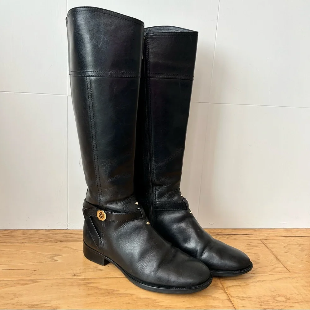 Tory Burch Black Brita Knee High Riding Boot 7 1/2 Signature Gold Metal Trim